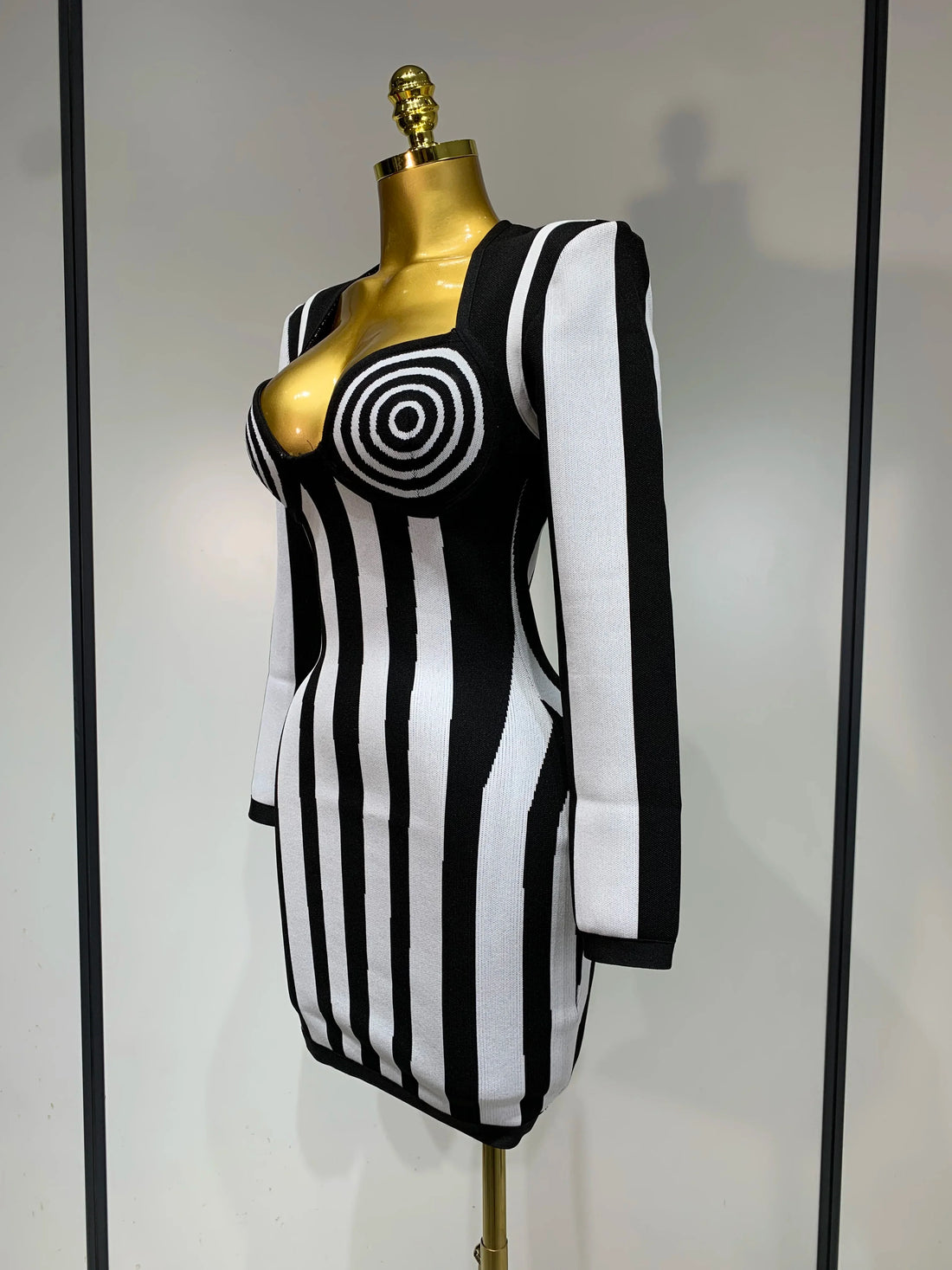 WomenLuxury Sexy Long Sleeve Stripe Black White Mini Bandage Dress Knitted Celebrity Elegant Evening Club Birthday Dresses black