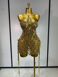 Sparkly Sequin Diamond Mesh Transparent Two Piece Set Women Sexy Evening Party Celebrate Birthday Photo Shoot Wear Gold