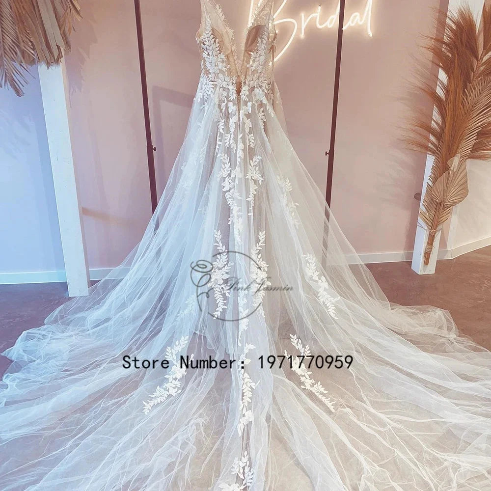 Gaun pengantin cantik untuk wanita boho a-line gaun pengantin panjang klasik renda applique gaun pengantin elegan vestidos de novia