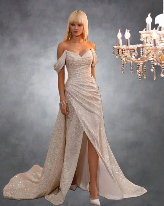 14 Oszałamiająca cekinowa sukienka wieczorowa 2024 Champange zamulka z ramion Mermiad Prom Formal Suknie Kobiet Robe de Soiree