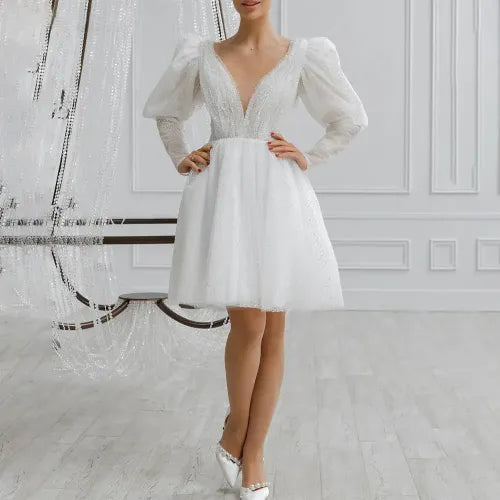 Sexy A Line Short Wedding Dresses Deep V Neck Long Puff Sleeves Bridal Party Gowns Knee Length Bride Dresses for Women White
