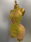 Luxury Sparkle Rhinestones Mesh Transparent Prom Dress Women Sexy Birthday Celebrate Party Club Prom Outfit Bar Costume