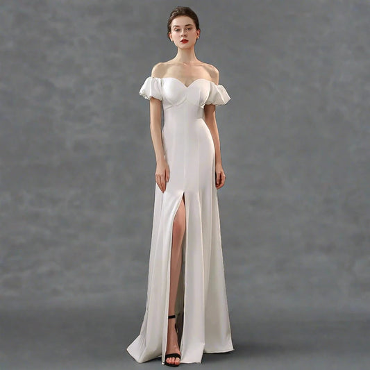 Französisch Weiß Satin Boot Hals Fuff Ärmeln Hochzeitskleid für Braut elegant sexy hohen Abend Lange Party Frauen formelles Kleid