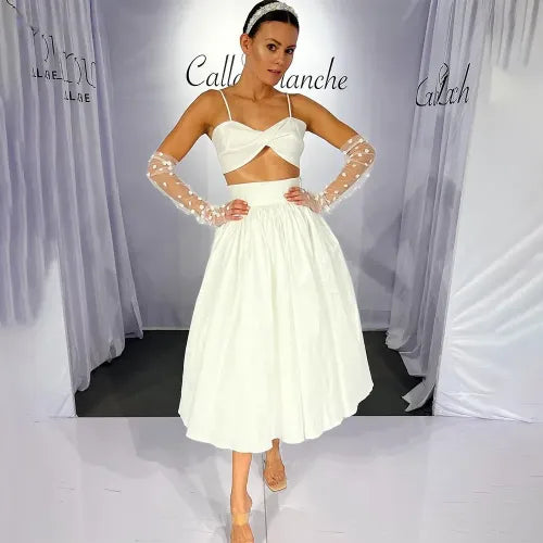 A Line Midi Wedding Dresses Spaghetti Strap 2 pieces Beach Wedding Party Dresses for Women Simple Bride vestido blanco White