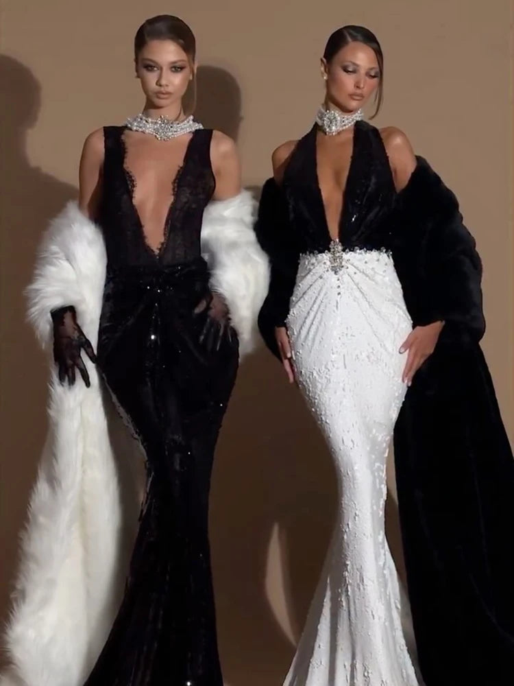 Alluring Black Sequin Deep V Neck Backless Lace Design Mermaid Dress for Party Dinner Evening Gown