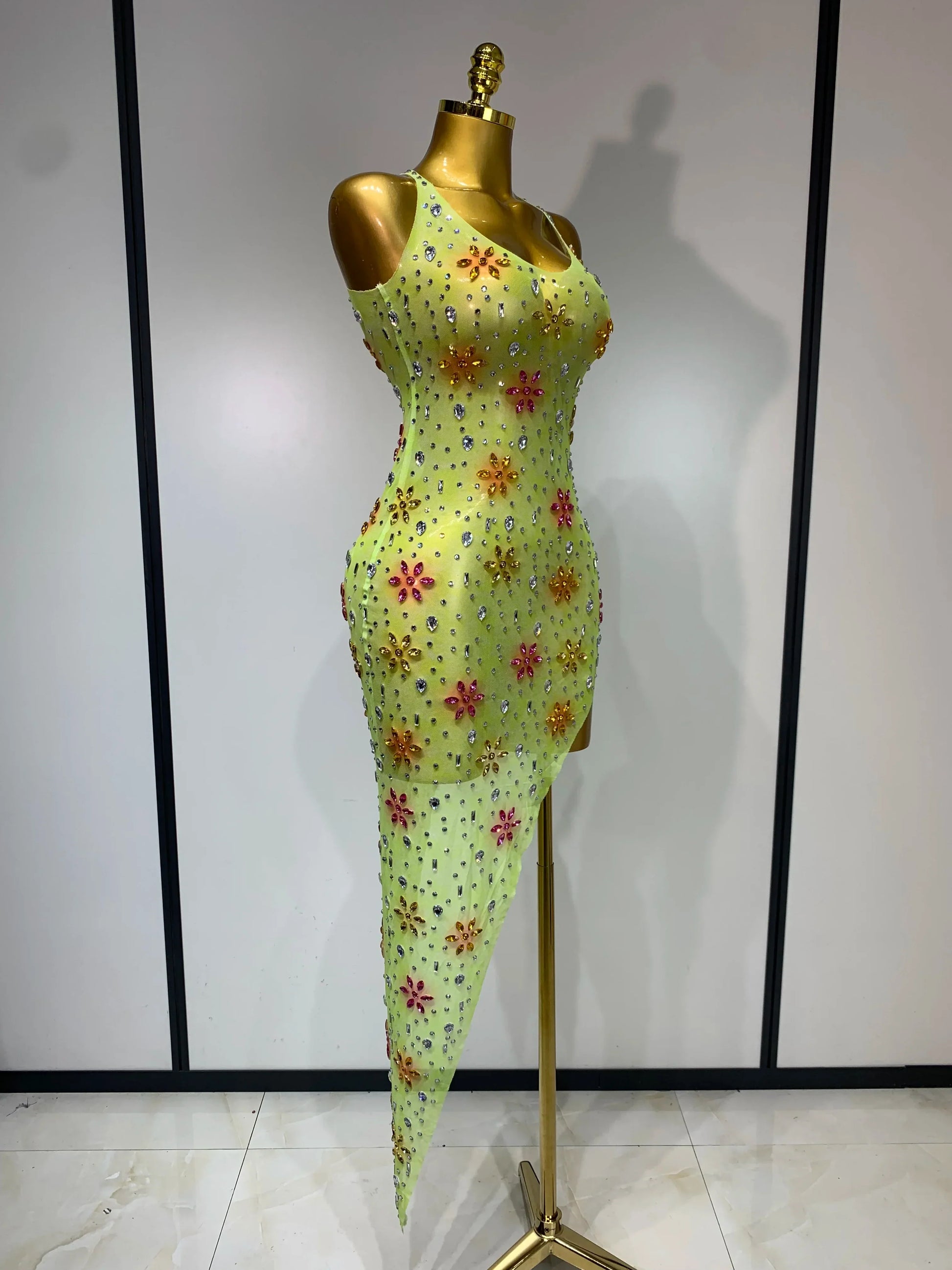 Women Sexy Mesh See Through Stretch Sparkly Rhinestone Performance Costume Stage Dancer Nightclub Party Luxury Birthday Dress