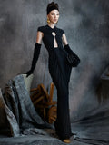 Black Long Key Hole Dress Bustier Ruched Mesh Maxi Dress Round Neck With Gloves Cocktail Party Evening Gowns for Night Out