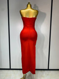 Sexy Red Strapless High Split Long Bandage Dress Luxury Birthday Dress Women Backless Bodycon Dresses Elegant Evening Party Gown