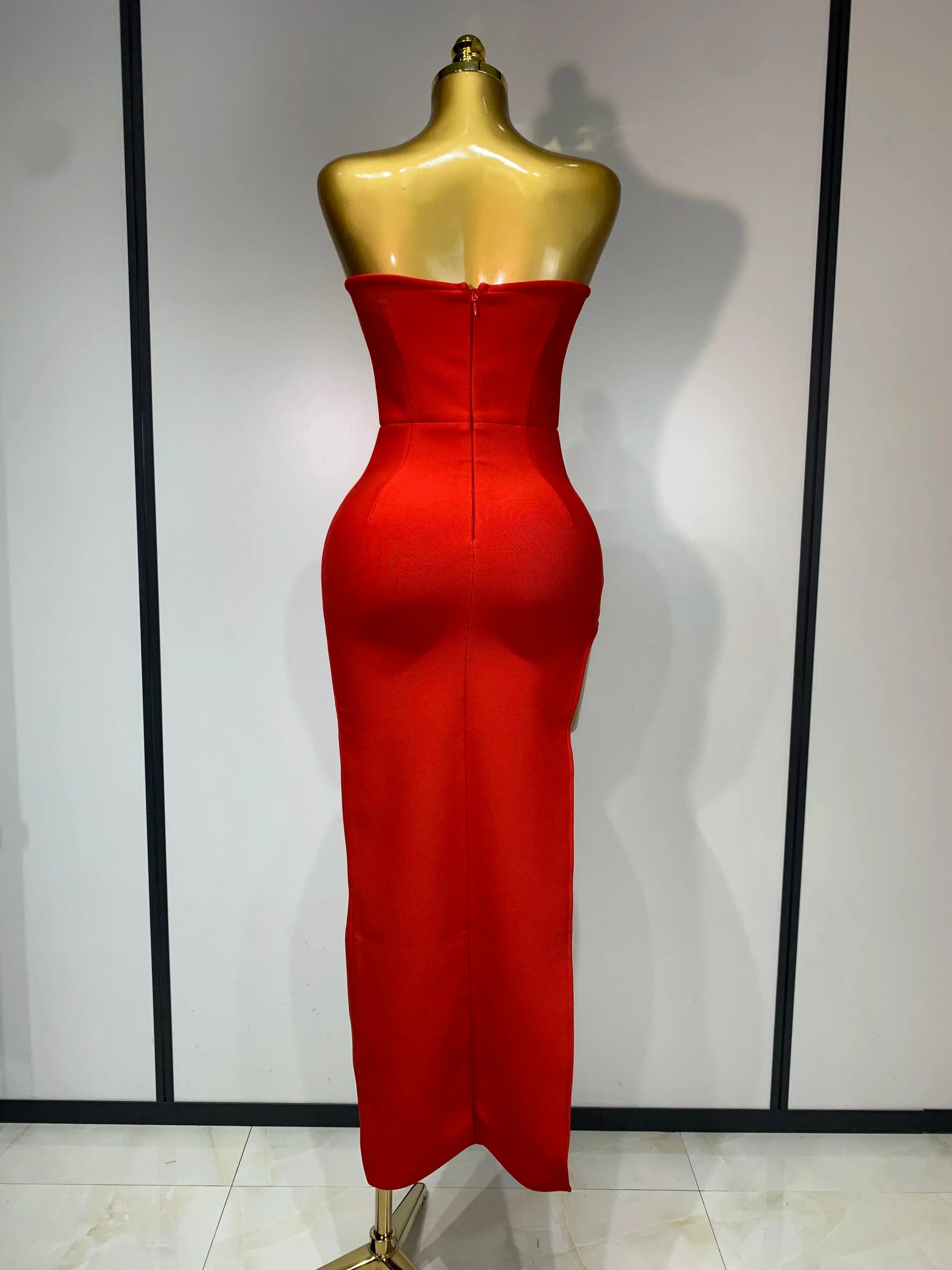 Sexy Red Strapless High Split Long Bandage Dress Luxury Birthday Dress Women Backless Bodycon Dresses Elegant Evening Party Gown