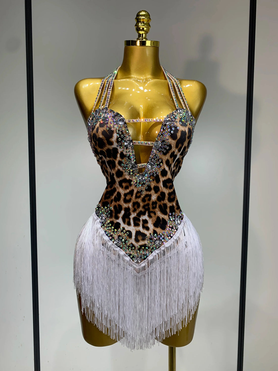 Sexy Backless Sparkly Rhinestones Tassel Leopard Print Bodysuit Performance Dance Costume Singer Dancer Stage Wear Club Outfit Dark Brown