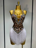 Sexy Backless Sparkly Rhinestones Tassel Leopard Print Bodysuit Performance Dance Costume Singer Dancer Stage Wear Club Outfit Dark Brown