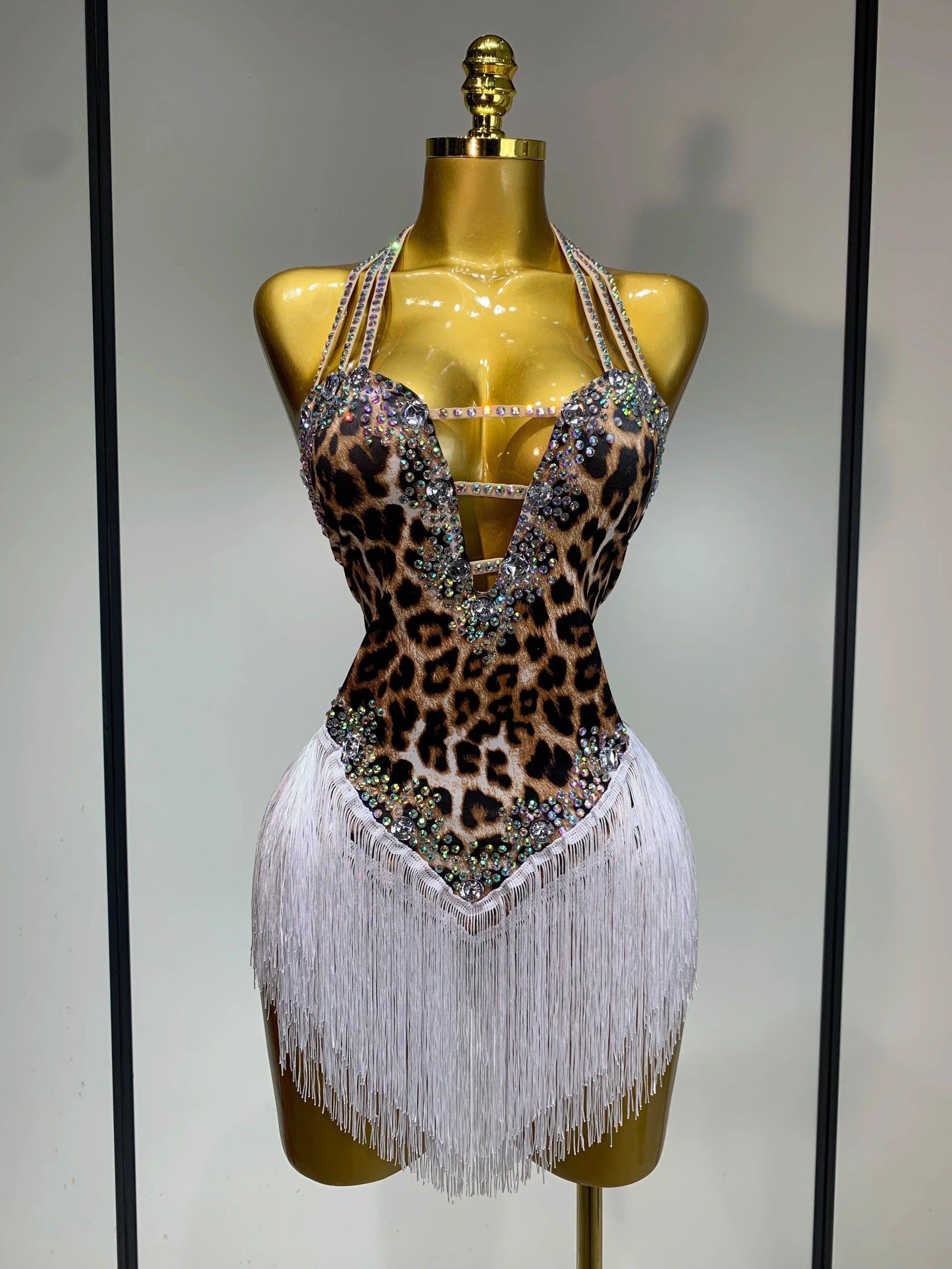 Sexy Backless Sparkly Rhinestones Tassel Leopard Print Bodysuit Performance Dance Costume Singer Dancer Stage Wear Club Outfit Dark Brown