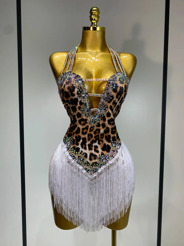 Sexy Backless Sparkly Rhinestones Tassel Leopard Print Bodysuit Performance Dance Costume Singer Dancer Stage Wear Club Outfit Dark Brown