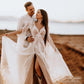 Long Split Bell Sleeves Boho Bridal Gowns Custom Made V Neck Front Leg Slit Cutout Backless A Line Chiffon Lace Wedding Dress