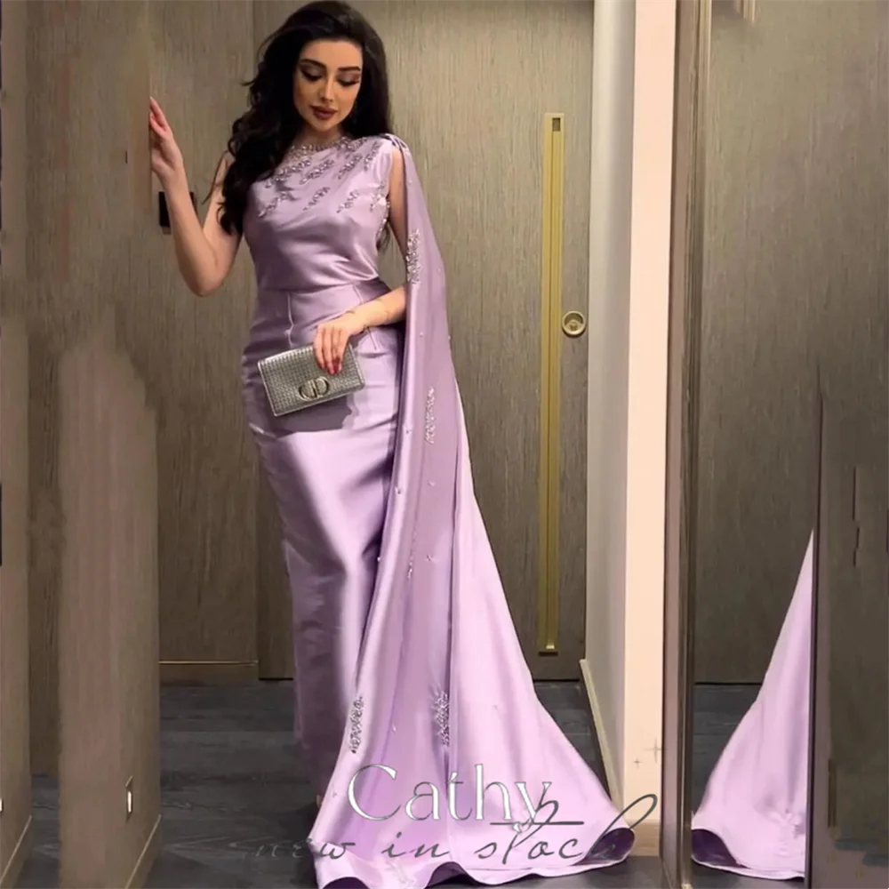 Sexy One Cape Sleeve Mermaid Prom Dress Elegant Sequins Fishtail فساتين السهرة Purple Trumpet Silk Vestidos De Noche