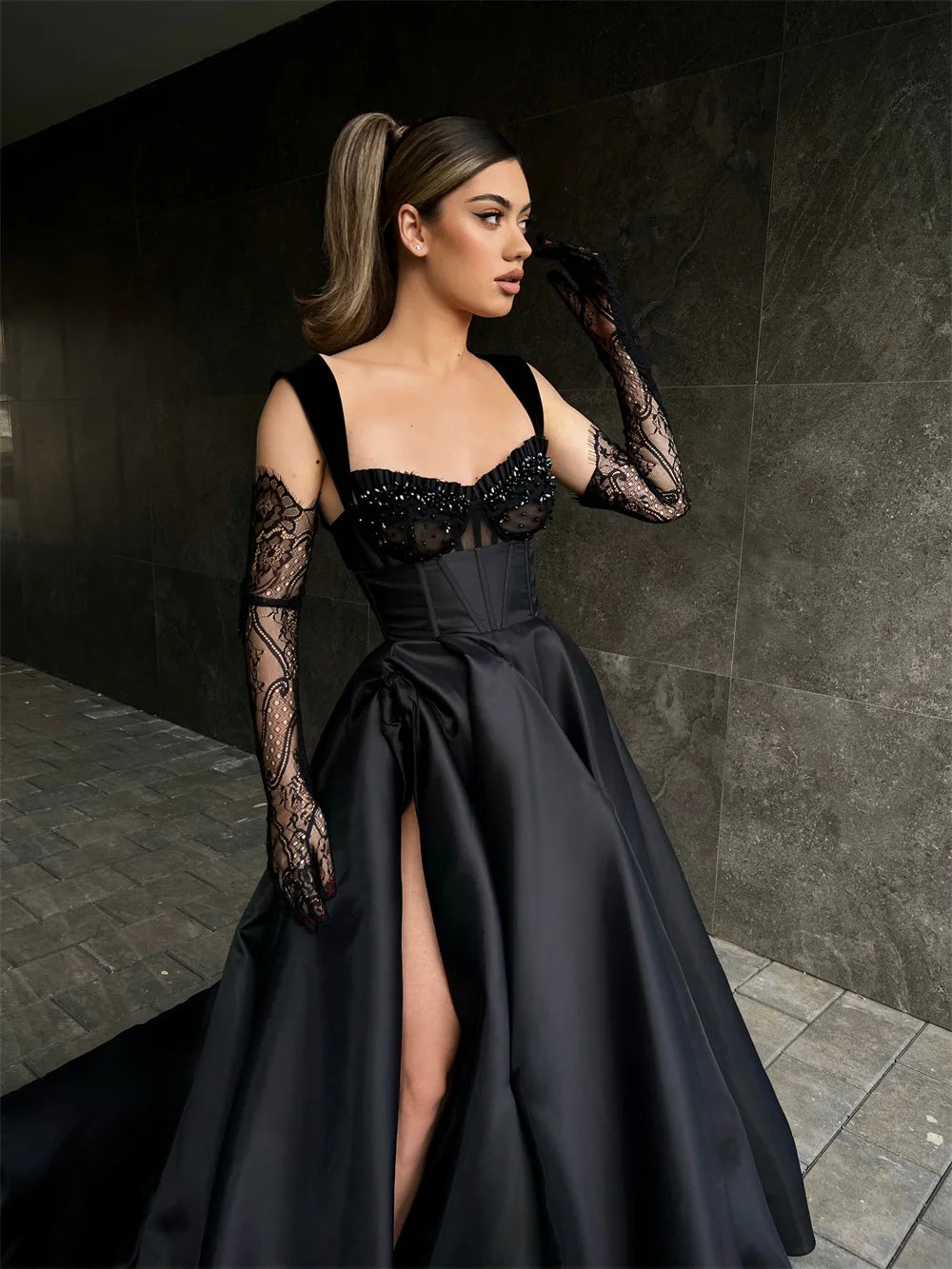 Gothic A-line Prom Dress Elegant Silk Satin Evening dress Sweep Tail فستان سهرة Sweet Spaghetti Strap Party Dresses