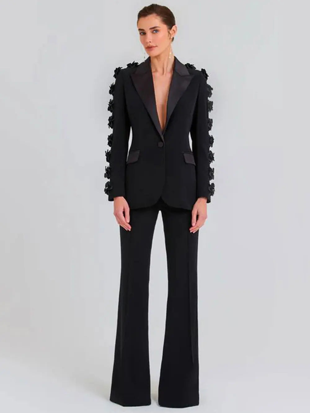 Women Suit Pants Set with Collar, Long Sleeve, Three Dimensional Flower Decoration, Slim Fit Suit Coat+Two Piece Pants Set