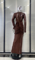 Chocolate Color Sexy See Through Mesh Sheath Ankle Length Dress Fashion Woman Evening Party Dress Holiday Vacation Outfit