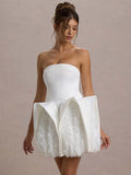 Chic Strapless White Mini Dress with Exquisite Floral Embellishments for Wedding-Related Function Gown