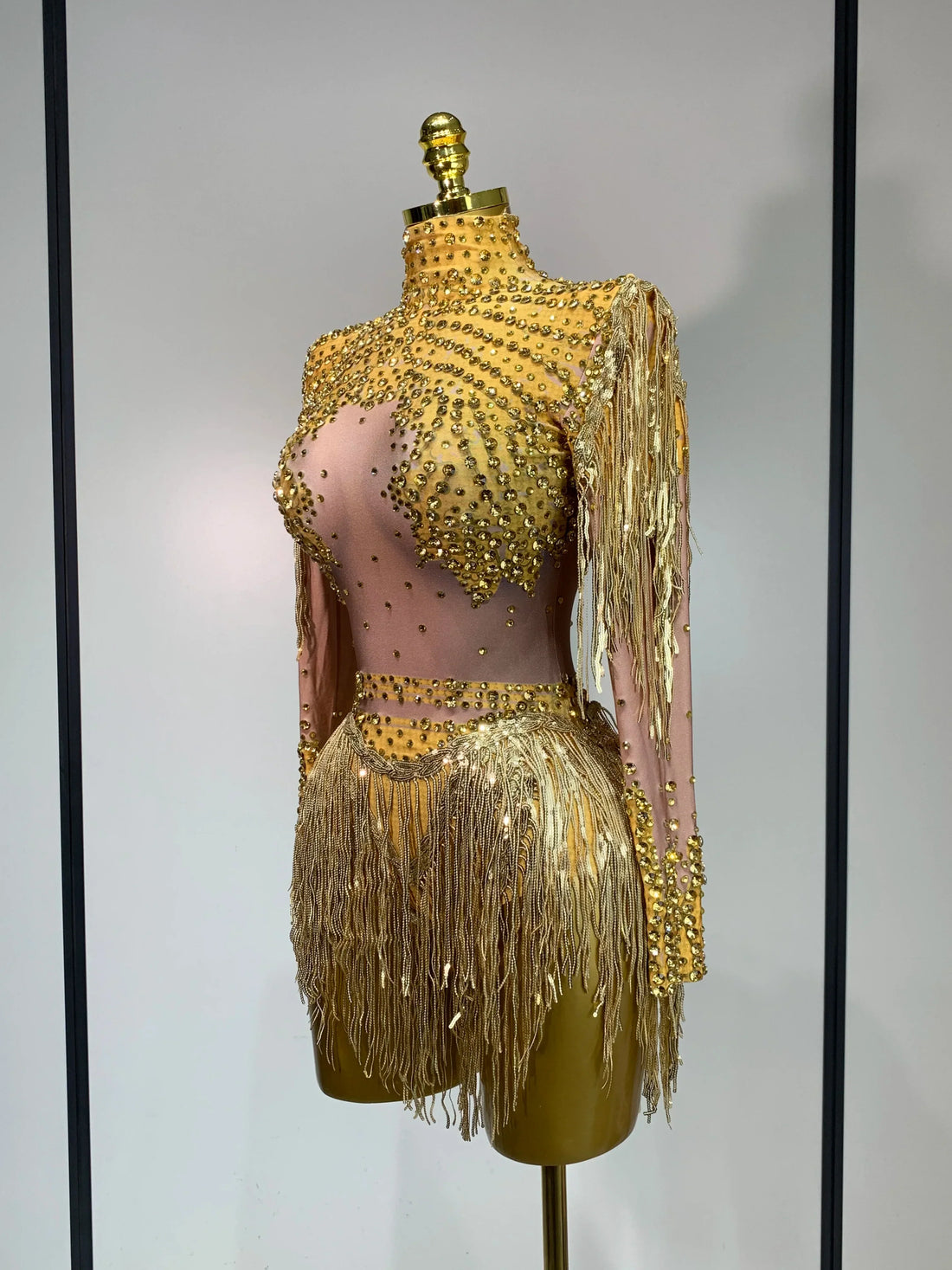 Women Long Sleeve Sexy Shinning Tassels Rhinestone Bodycon Bodysuit High Stretch Bar Dancer Nightclub Stage Wear Birthday Outfit Gold