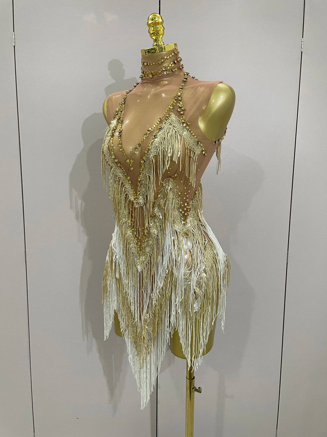 Women Sexy Stretch Mesh Sparkly Rhinestone Tassels Mini Dress Nightclub Singer Dance Stage Costume Evening Gowns Gold
