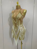 Women Sexy Stretch Mesh Sparkly Rhinestone Tassels Mini Dress Nightclub Singer Dance Stage Costume Evening Gowns