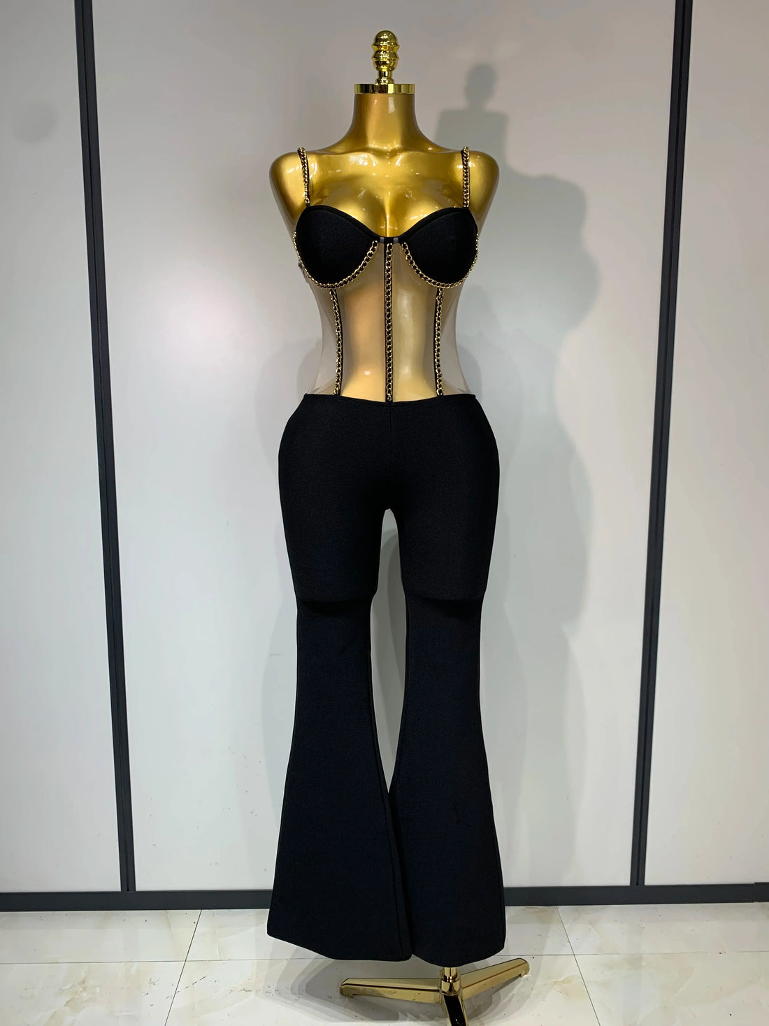 Women Luxury Sexy Sleeveless Mesh Chain Black Bodycon Bandage Jumpsuit Fashion Party Celebrity Designer High Street Rompers black