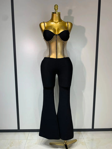 Women Luxury Sexy Sleeveless Mesh Chain Black Bodycon Bandage Jumpsuit Fashion Party Celebrity Designer High Street Rompers black
