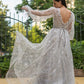 Lace Appliques Prom Dresses V-neck Tulle فساتين السهرة Elegant Long Puffy Sleeves Floor-Length vestidos verano moda