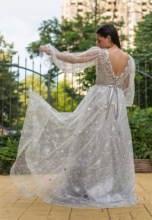 Lace Appliques Prom Dresses V-neck Tulle فساتين السهرة Elegant Long Puffy Sleeves Floor-Length vestidos verano moda