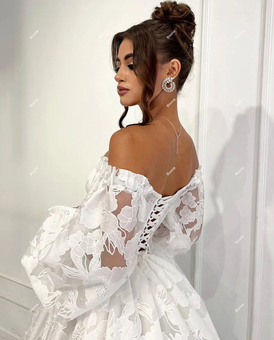 Ivory A-Line Wedding Dresses Off Shoulder Floral Brides Dress for Women Long Puff Sleeves Ankle Length Bridal Party Gowns