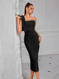 Formal White Evening Cocktail Party Prom Elegant One Shoulder Wedding Guest Mid-calf Length Celebrity Women Dresses Club