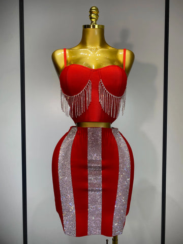 Women Sexy Sling Backless Tassels Bandage Skirt Two Piece Set Knitted Celebrity Elegant Evening Luxury Birthday Dresses Red