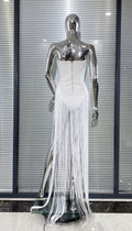 Summer White Color Long Tassel Strapless Bandage Jumpsuit Fashion Woman Party Bodysuit Vestido Performances Costume
