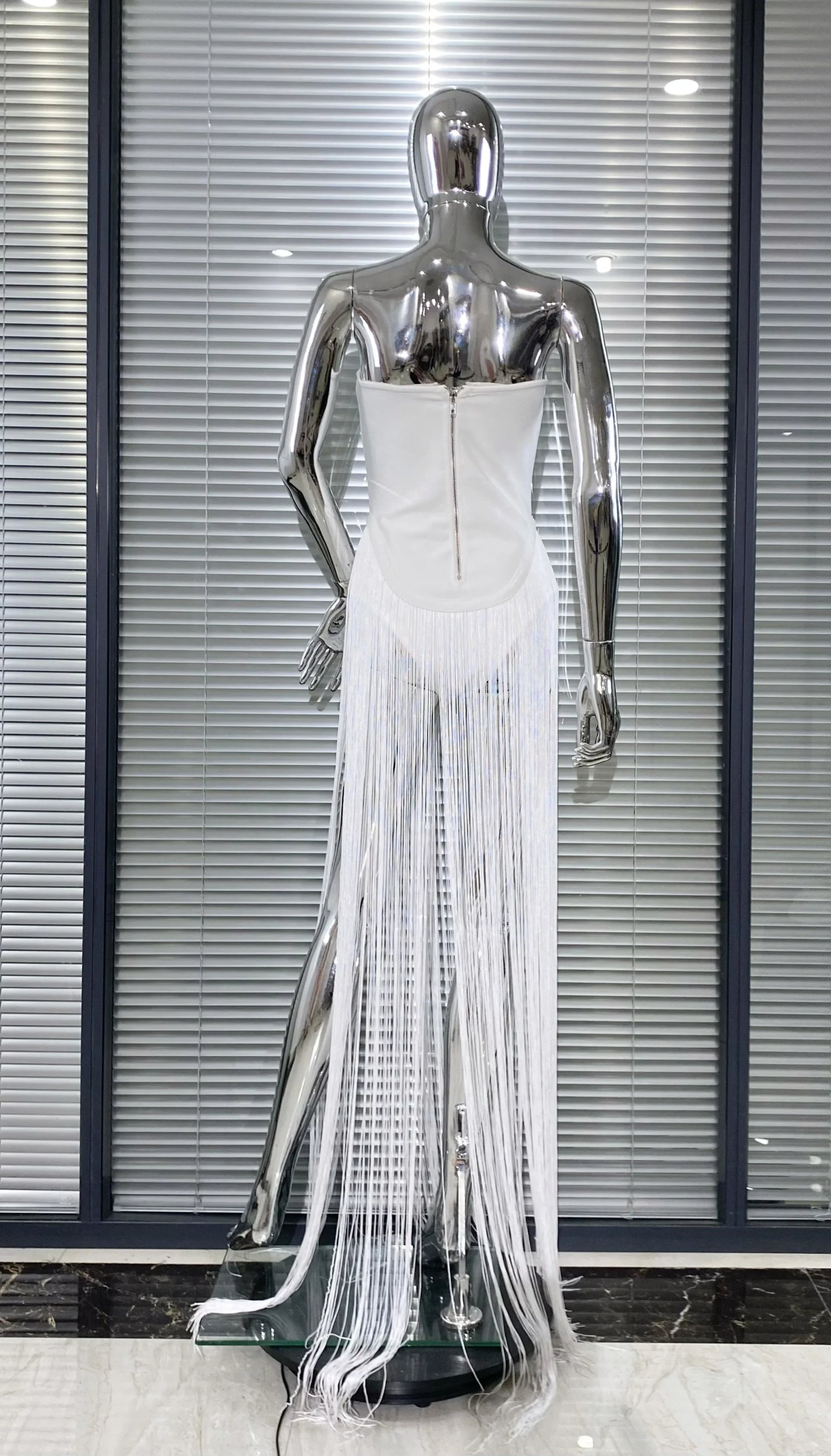 Summer White Color Long Tassel Strapless Bandage Jumpsuit Fashion Woman Party Bodysuit Vestido Performances Costume