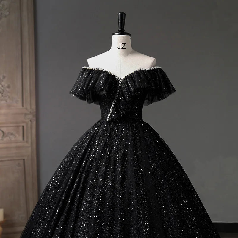 Novo vestido de baile preto simples luxo bling shining quinceanera vestidos clássicos fora do ombro, vestidos inchados no chão para baile