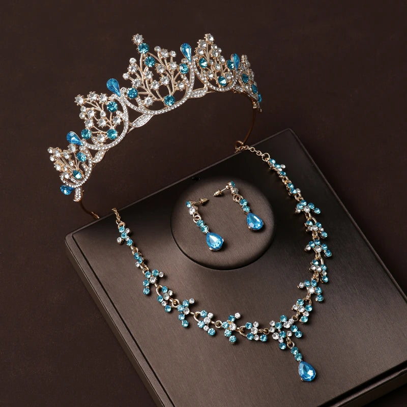 Luxury Silver Color Crystal Water Drop Bridal Jewelry Sets Rhinestone Tiaras Crown Necklace Earrings Wedding Dubai Jewelry Set TS-0017-K-XL-0018-J Tiaras
