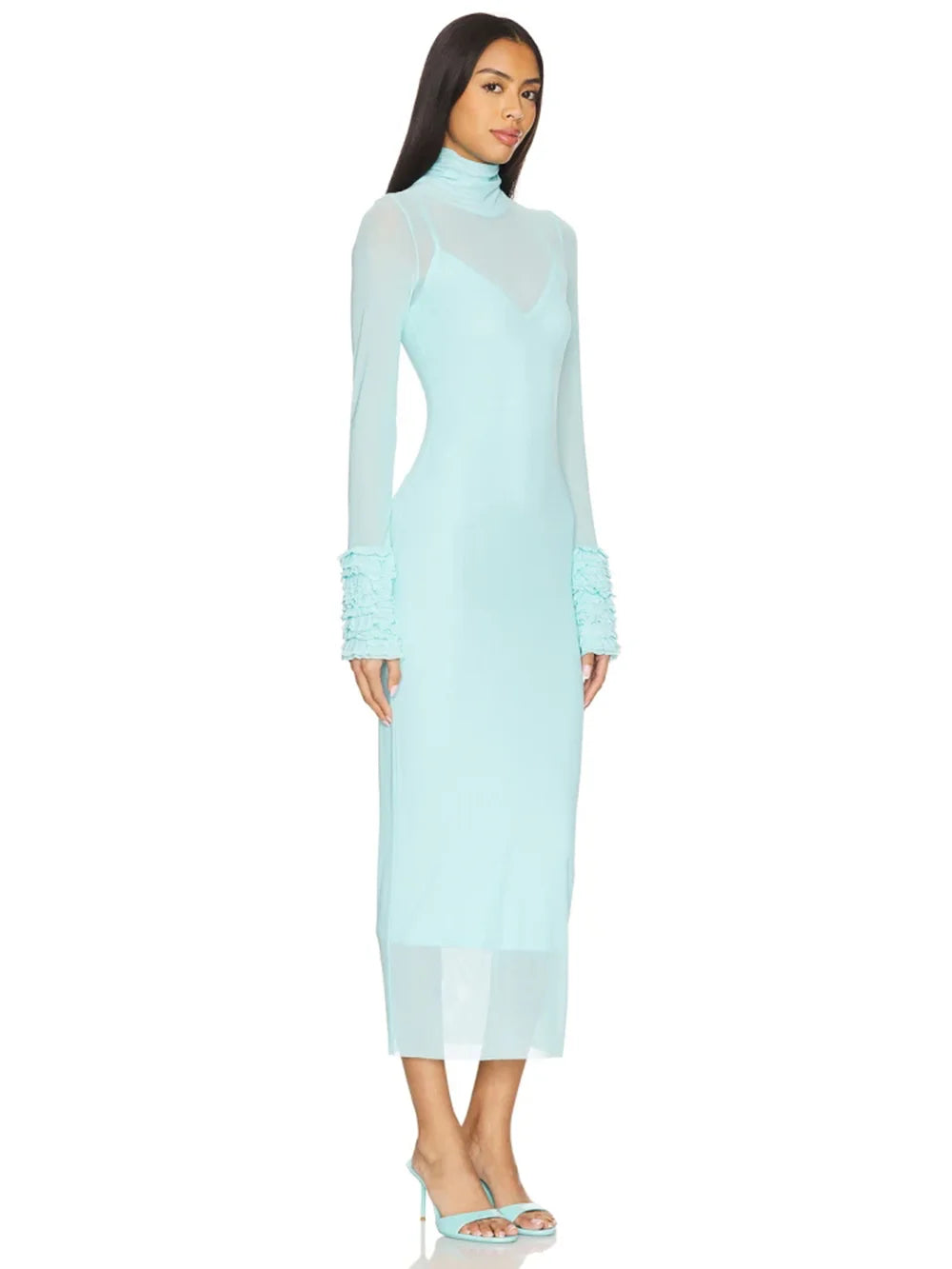 Sexy Turtleneck Ruffle-Cuff Mesh Tight Long Dress Women Long Sleeves Ruffles Bodycon Midi Dresses Evening Party Cocktail Club