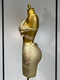 Summer Sexy V Neck Gold Bandage Two Pieces Set Women Charming Celebrity Bodycon Skirt Suits Club Birthday Vestido