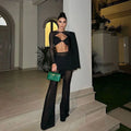 Spring Mesh See Through Women Set Sexy Hollow Out Short Top And Flare Pants 2 Pieces High Stree Wear Evening Party Vestido