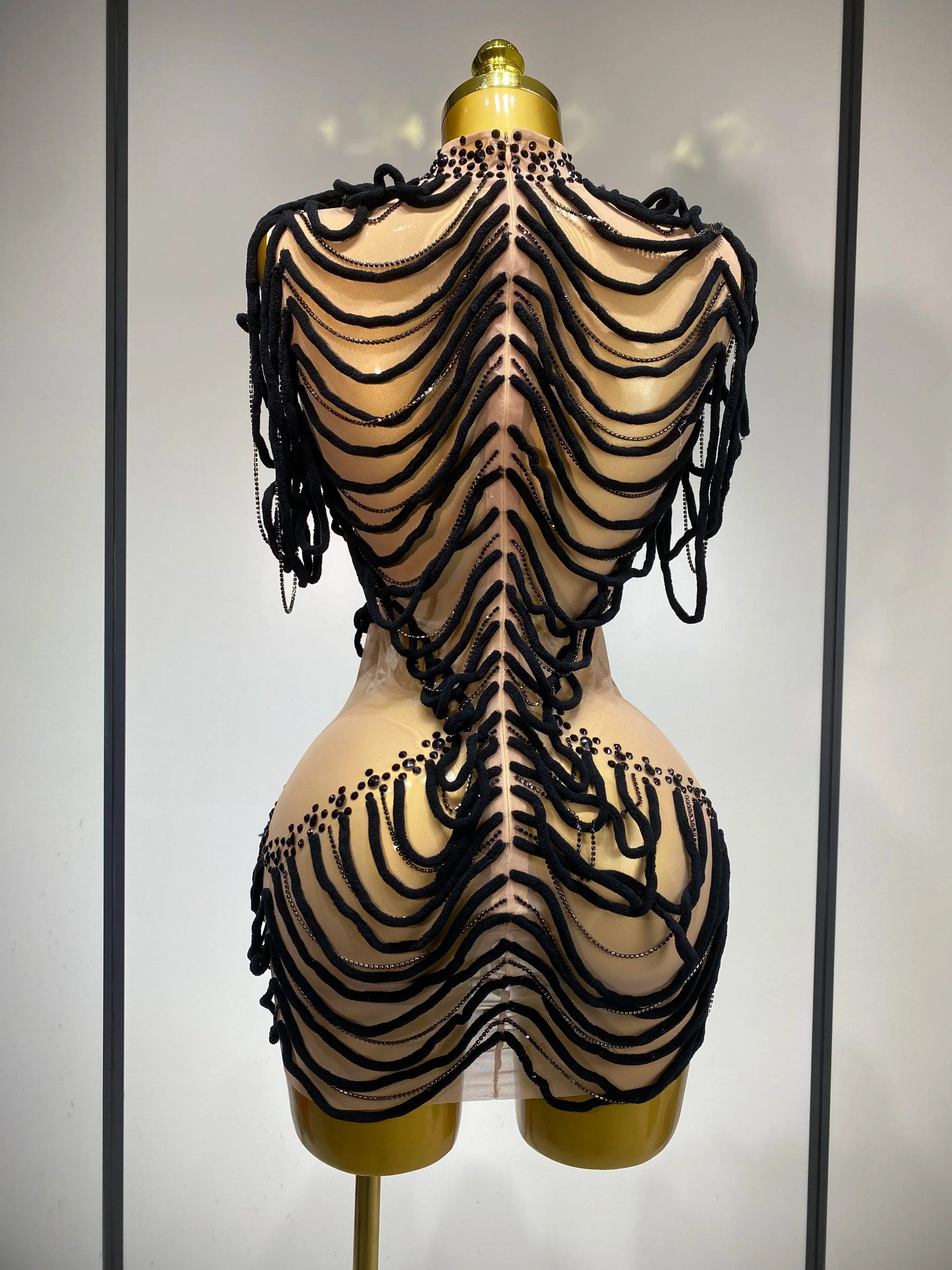 Women Sexy Fashion Short Dress Mesh Designer Rhinestones Chain Stage Costume Nightclub Celebrate Party Performance Outfit