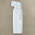 White Black Color Women Sexy One Shoulder Shinning Crystal Bodycon Long Bandage Dress Celebrate Fashion Evening Party Outfit