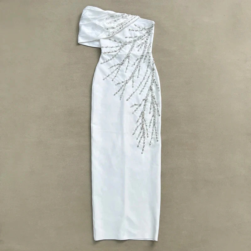 White Black Color Women Sexy One Shoulder Shinning Crystal Bodycon Long Bandage Dress Celebrate Fashion Evening Party Outfit
