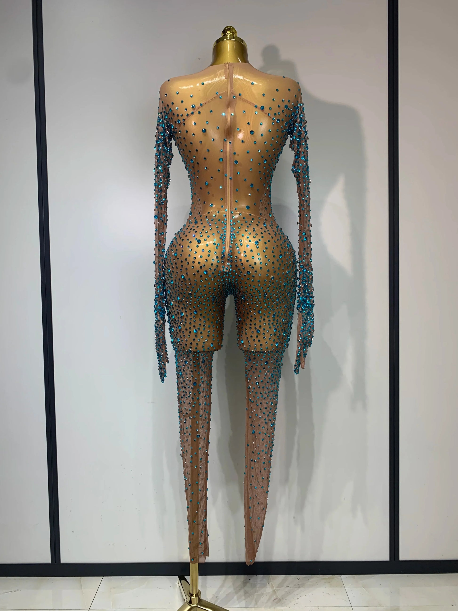Luxury Rhinestones Bodycon Jumpsuit Sexy Women Mesh See Through Birthday Gown Women Bar Nightclub Dancer Stage Outfit