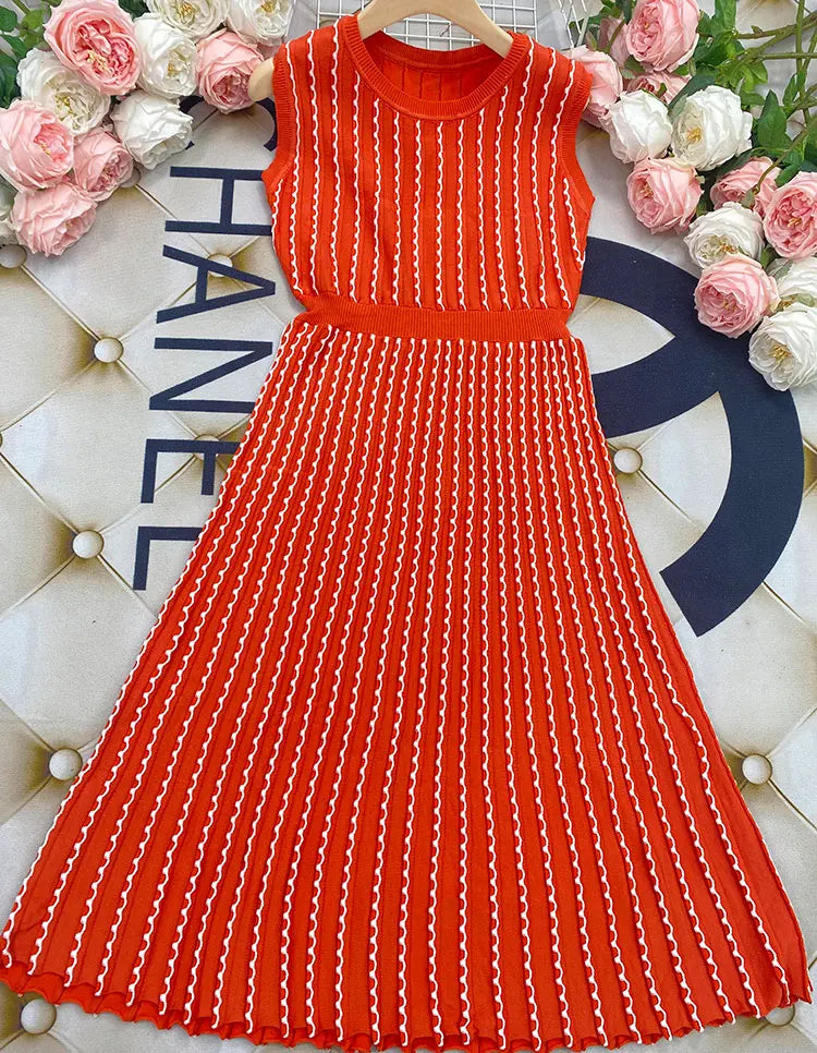 Listing Elegant Striped Knit Dress Women O-neck Sleeveless A-line Dresses Club Evening Party Midi Vestido as photo
