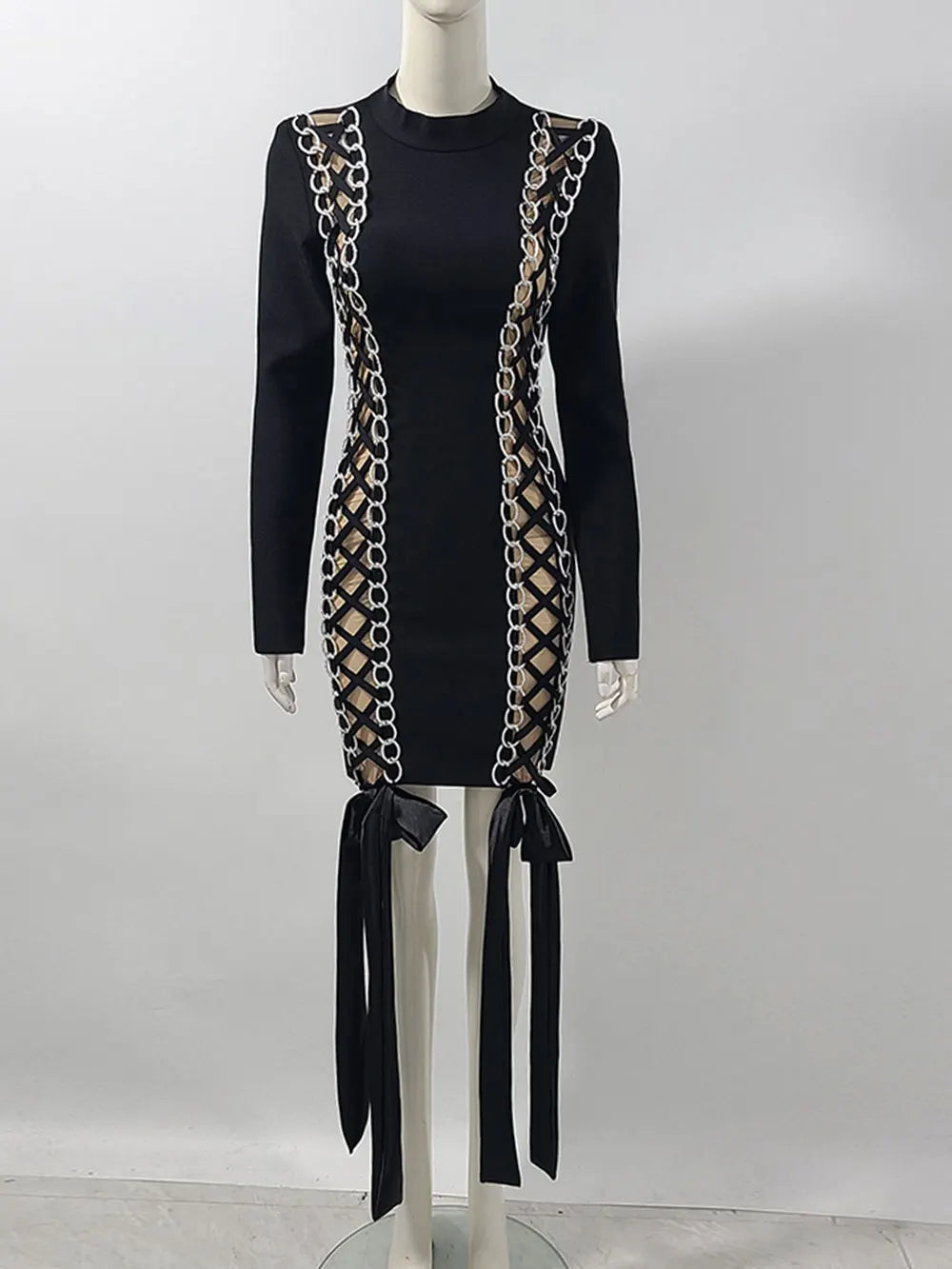 Women's Sexy Drawstring Strap Bandage Dress O-neck Long Sleeve Bodycon Mini Dress Cocktail Evening Party Vestidos