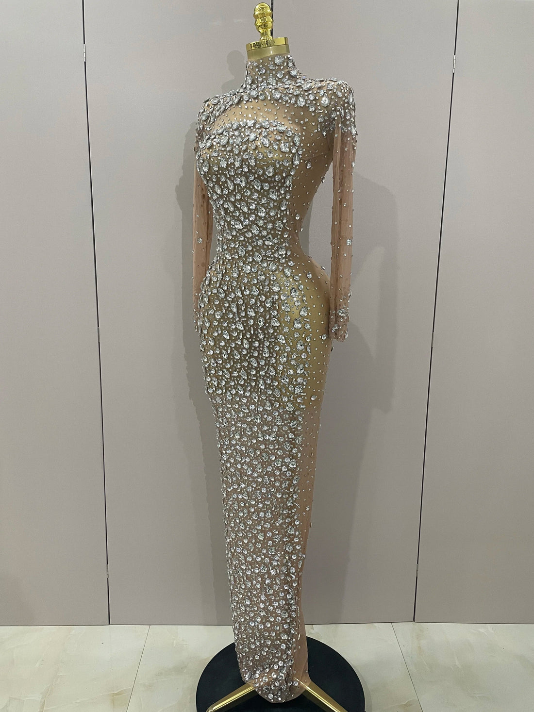 Sparkly Silver Big Rhinestone Sexy Transparent Long Dress Women Evening Birthday Party Celebrate Club Dancer Stage Costume Silver