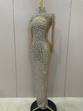 Sparkly Silver Big Rhinestone Sexy Transparent Long Dress Women Evening Birthday Party Celebrate Club Dancer Stage Costume