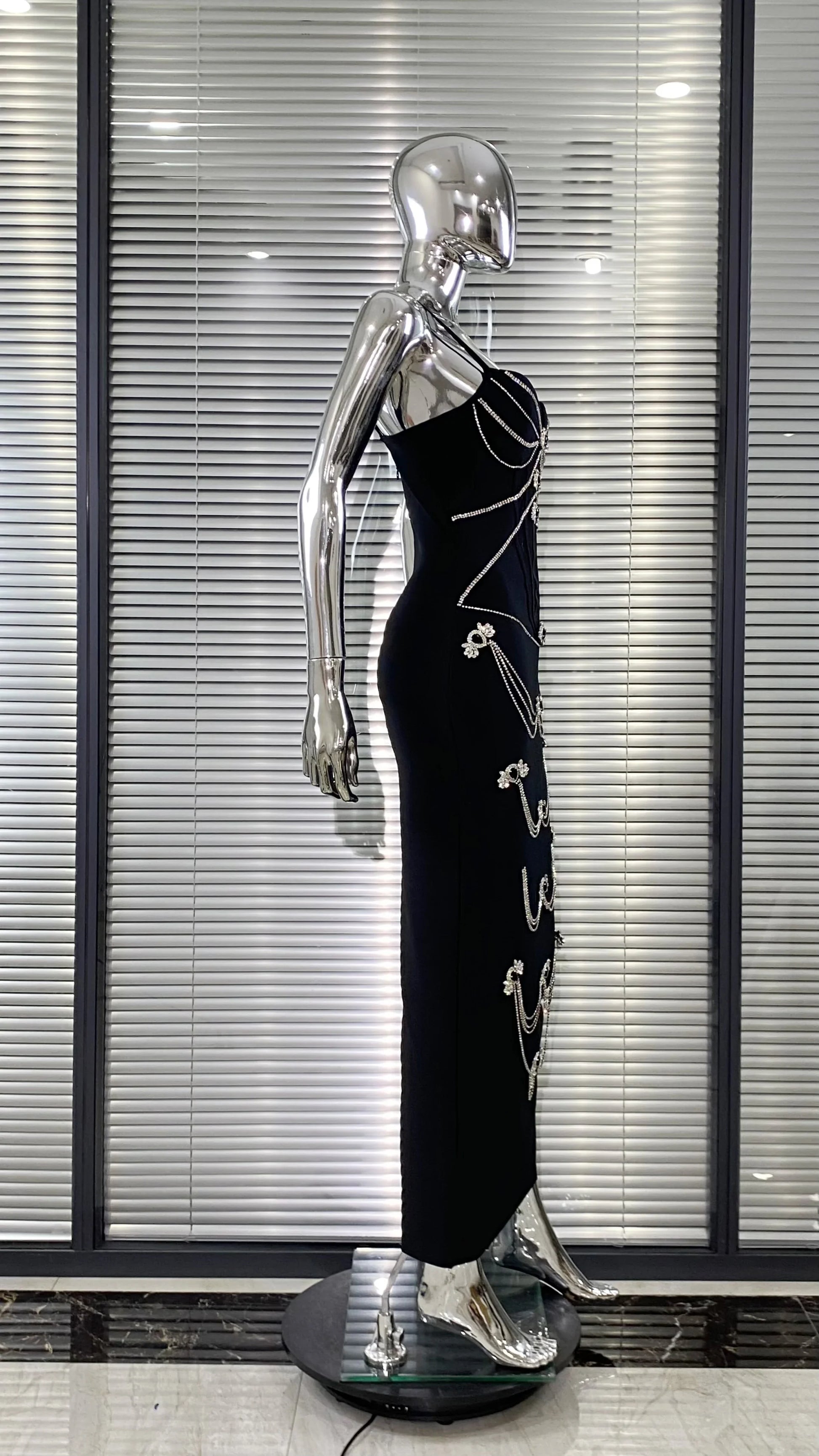 Luxury Woman Haute Couture Evening Dress Sparkling Diamonds Strapless Black Ankle Length Bandage Dress Birthday Party Outfit