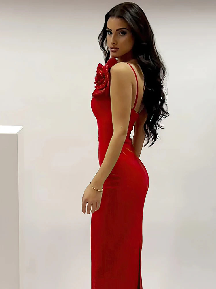 Sexy One Shoulder Diamond Flower Patchwork V Neck Backless Ankle Length Bodycon Long Dresses Evening Party Gown